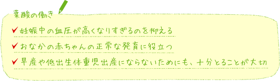 葉酸の働き　・妊娠中の血圧が高くなりすぎるのを抑える/・おなかの赤ちゃんの正常な発育に役立つ/・早産や低出生体重児出産にならないためにも、十分とることが大切